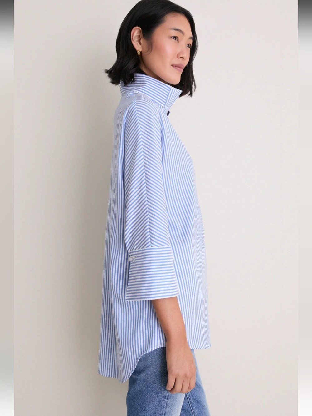 Tuckernuck Blue Stripe Willow Blouse Tunic Stand Collar High Low Top Shirt Sz M